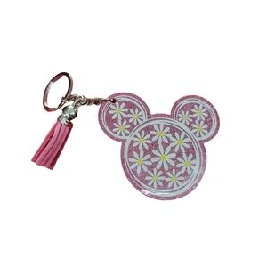 Large pink glitter Mickey Mouse with daisies keychain with tassel